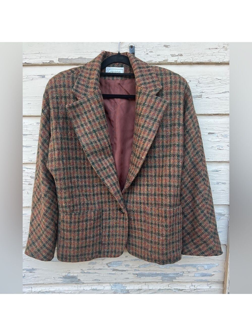 Vintage 80s Made is USA Gregge Sport Wool Plaid Tweed Sports Coat Career Blazer